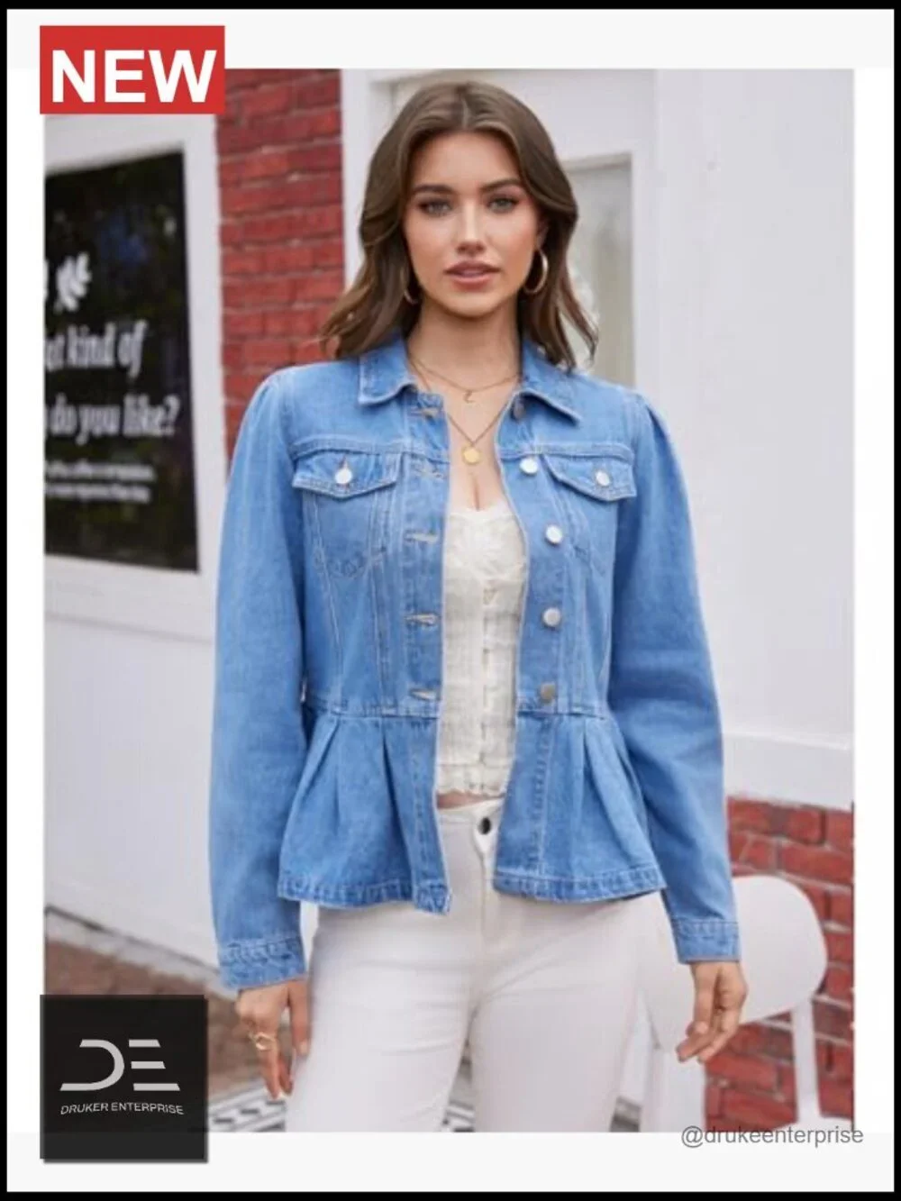 Ruffle Hem Peplum Denim Jacket Puff Sleeve Button Down